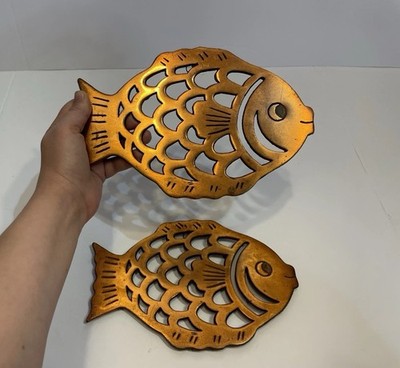 Vintage Cast Iron Fish Wall Art Set of 2 Brass Tone Coastal Granny Beach 1982