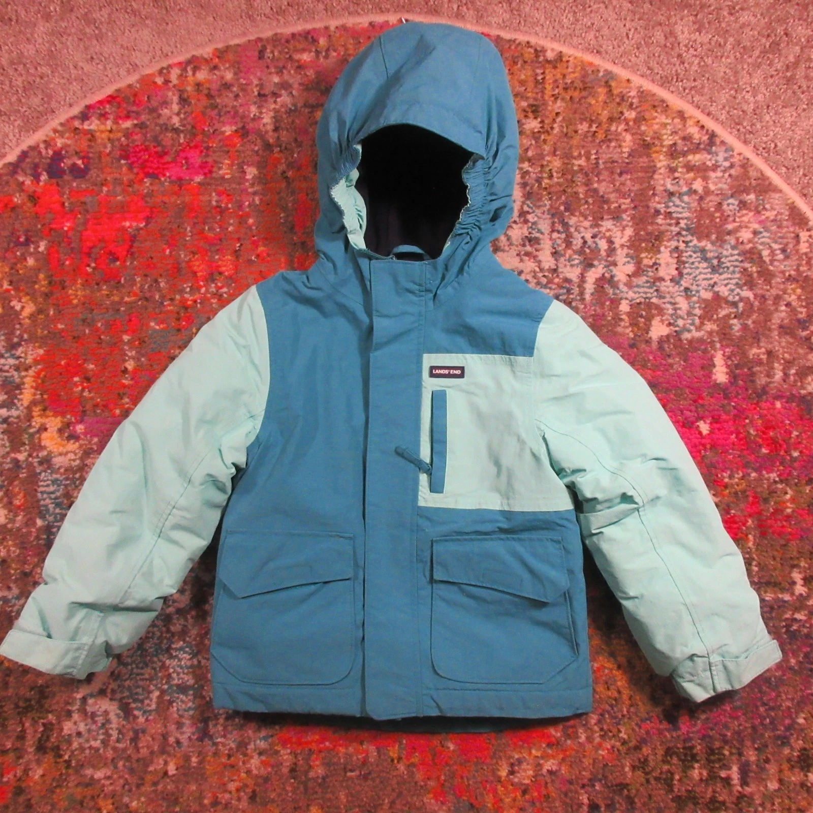 Lands End Squall Kids Hooded Insulated Waterproof Jacket Girls XS 4-5 Green Teal