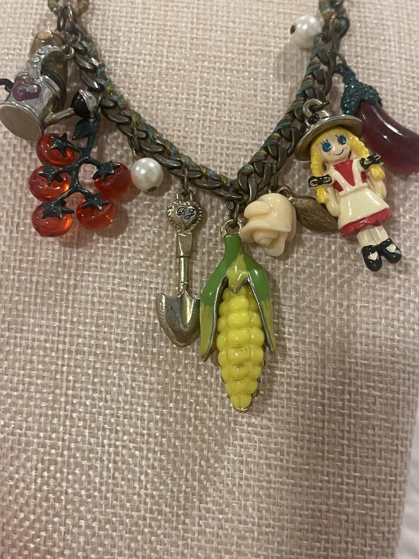 Betsey Johnson RARE chunky statement necklace w/ farm garden fruit veggie charms