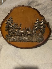 Wood Slab Live Edge With Attached Deer And Pine Tree