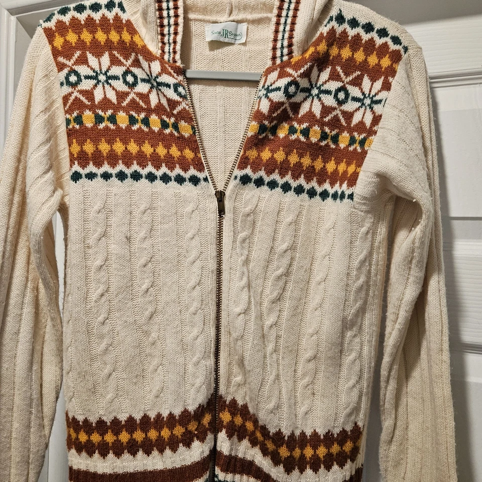 Suéter con Capucha de Colección Años 70 Sears Jr Bazaar Fair Isle Cremallera Marrón Crema Cable... Foto 4 de 4