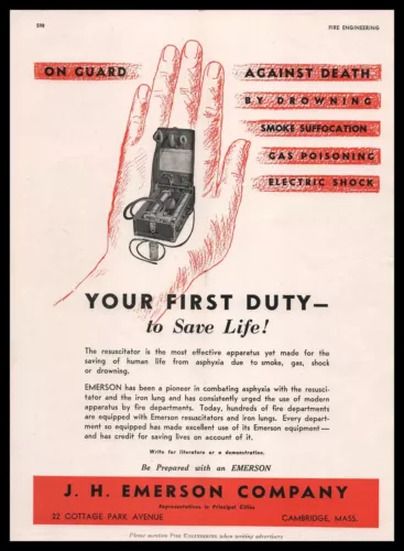1946 J H Emerson Cambridge Massachusetts Fire Air Rescue Resuscitators Print Ad