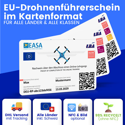 EU-Drohnenführerschein (A1/A3, A2, STS) Plastikkarte im ISO-Scheckkarten-Format