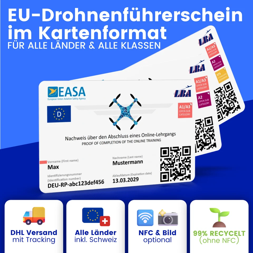 KARTE1.DE EU-Drohnenführerschein (A1/A3, A2, STS) Plastikkarte im ISO-Scheckkarten-Format