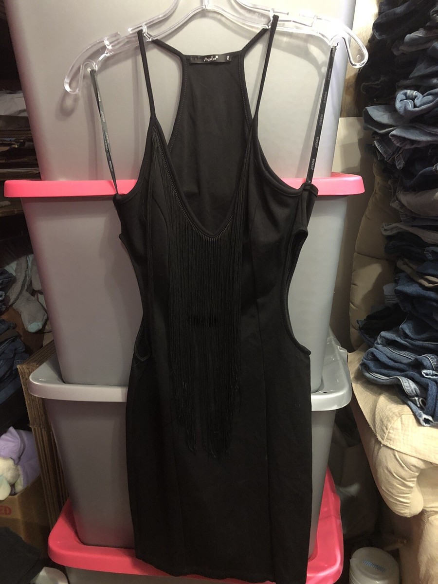 plastic fitted dress Papaya Black Sleeveless Fitted Dress With Fringe Neckline And Side Cutouts  Med