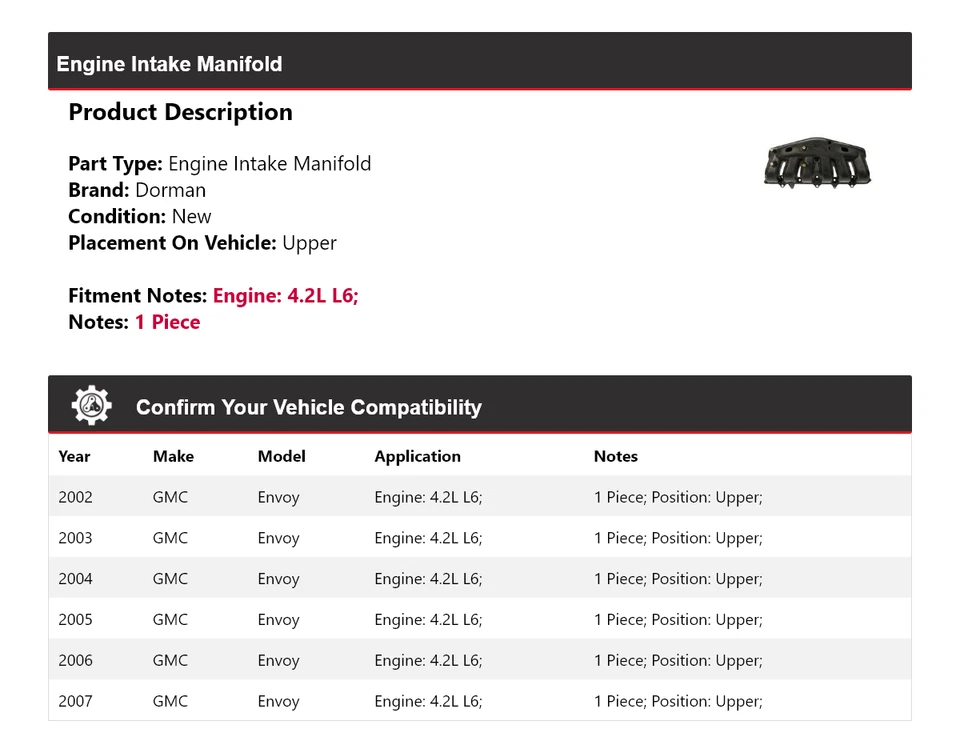 Colector de admisión superior de motor Dorman L6 4,2 L GMC Envoy 2002-2007 2003 2004 Foto 2 de 4