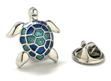 Sea Turtle Pin Tropical Turtle Lapel Pin 3D Ocean Silver Tone Shades of Blue