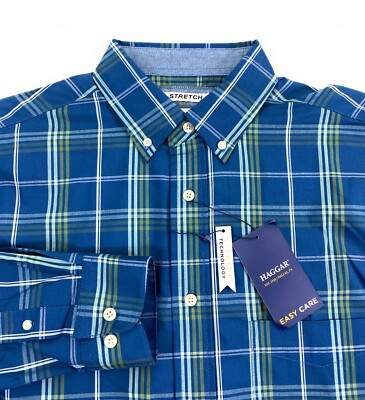 NWOT Haggar Men's Easy Care Stretch Button Down Blue Plaid Shirt Small