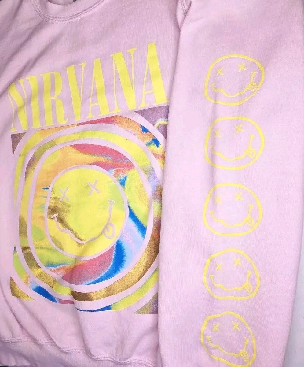 Nirvana Smile Pink Sweatshirt Long Sleeves Graphic TieDye Face Women's Large