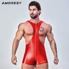 AMORESY Men Satin Smooth Tracksuits One Piece Fitness Cycling Overalls Leotards