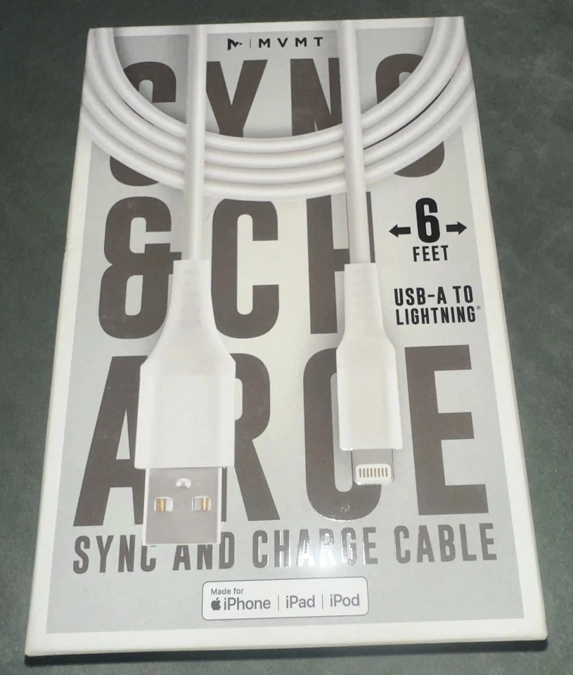 Cable de sincronización y carga MVMT blanco. Nuevo en embalaje. Cable USB a iluminación 6 pies Foto 3 de 4