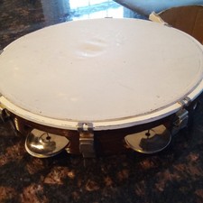 Vintage Single-Row Wooden Tambourine with Metal Jingles and Drum Head