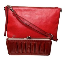 Fossil Red Leather Pleated Wallet Clutch Silver Kiss Lock Slim Crossbody Purse