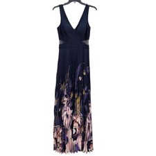 Xscape Navy Floral Pleated Maxi Dress Women 4 Formal Evening Prom Mesh Waist