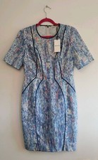 WHISTLES Florette Coloured Lace Dress UK10 100% Silk Trim Blue Knee Length