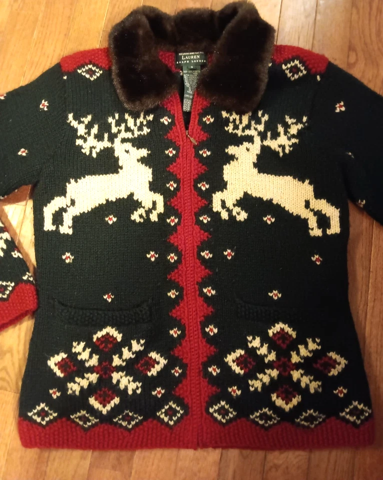 De Colección Ralph LAUREN Suéter Cárdigan Tejido a Mano Lana Verde Vacaciones Rojo Talla Pequeña Piel Foto 2 de 4