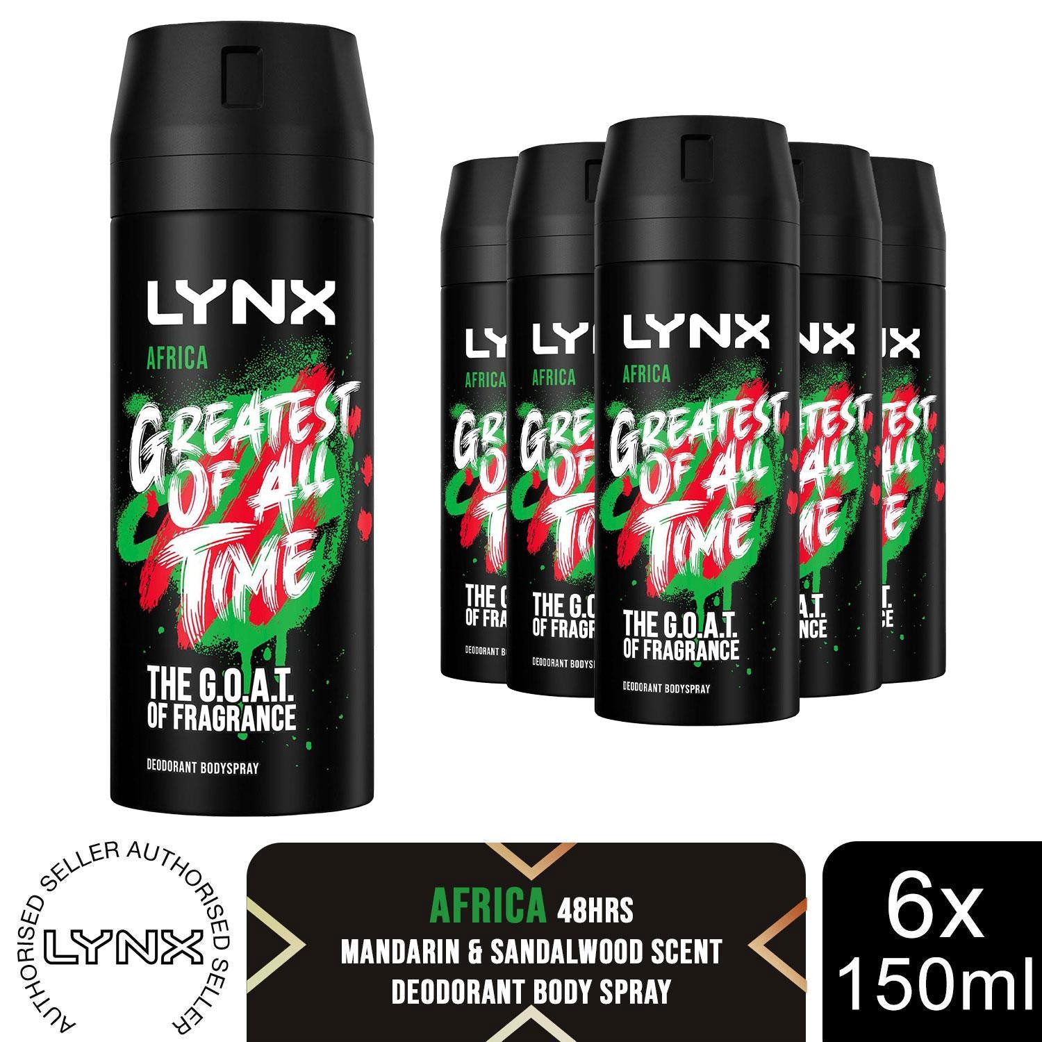 Lynx Africa Body Spray 150ml 6 Pack Mens Deodorant 48H Mandarin Sandalwood Scent