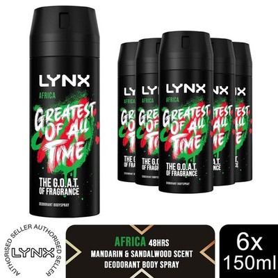 Lynx Africa Body Spray 150ml 6er Pack Herren Deo 48H Mandarine Sandelholz Duft