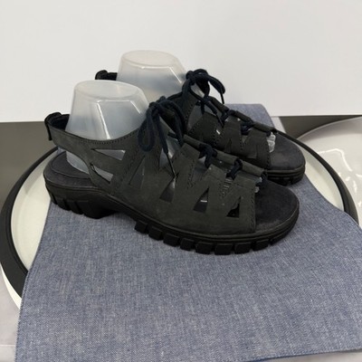 Earth Shoe Elm Sandals Women 11 Black Faux Leather Lace Up Lug Sole Chunky Y2K