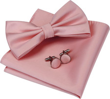 Mens Solid Color Double Fold Pre-tied Bow Tie and Pocket Square Cufflink Set wit