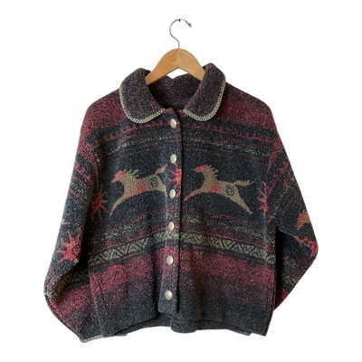 Coldwater Creek Fleece Button Front Jacket Women P/L Horse Sun wes Printe