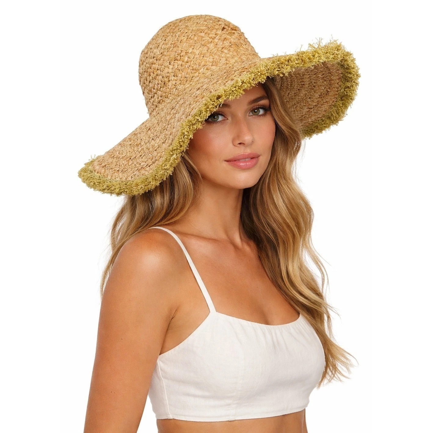 WHO WHAT WEAR Straw Wide Brim Sun Hat Fringe Trim Casual Vacation Beach OS