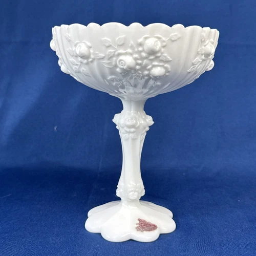 Vtg FENTON Milk White Cabbage Rose 7.5" Compote Bowl Pedestal Candy Dish Jar