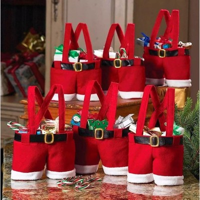 6Pcs Santa Pants Christmas Gift Bags Cute Lint Xmas Treat Bags for Candies Gifts