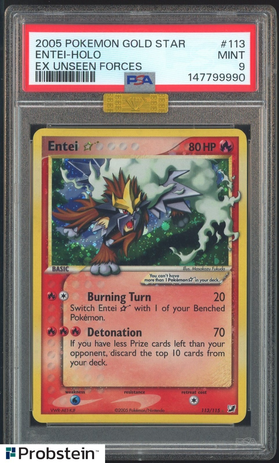 2005 Pokemon Gold Star Ex Unseen Forces #113 Entei - Holo PSA 9 MBA GOLD DIAMOND view 1