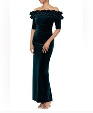 Xscape Hunter Green Ruffle Off the Shoulder Velvet Sheath Gown Size 8 $278