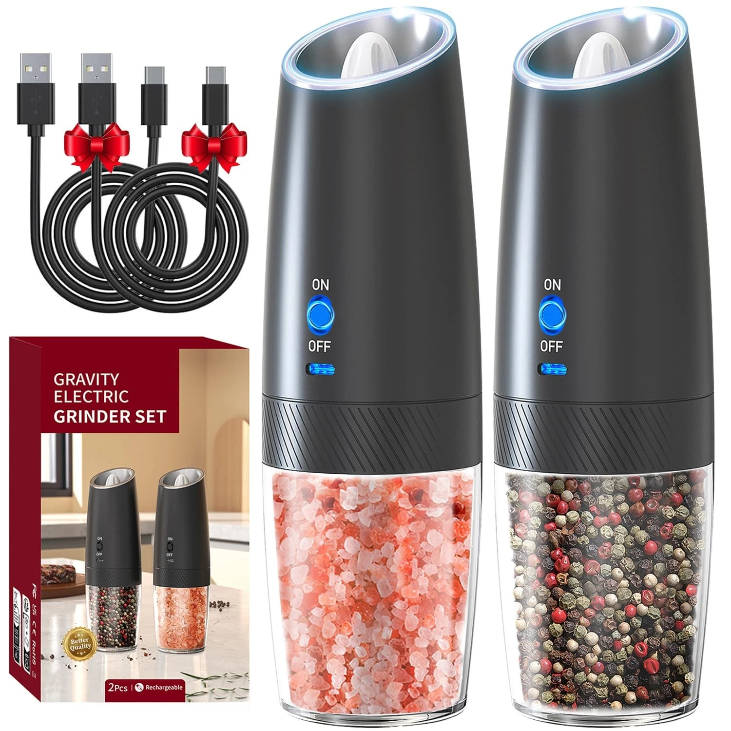 RECHARGEABLE - Gravity Electric Pepper and Salt Grinder Set, Adjustable Coars...