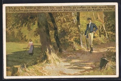 Künstler-AK P. Hey, Volksliederkarte Nr.62: Ich ging im Walde so für mich hin 