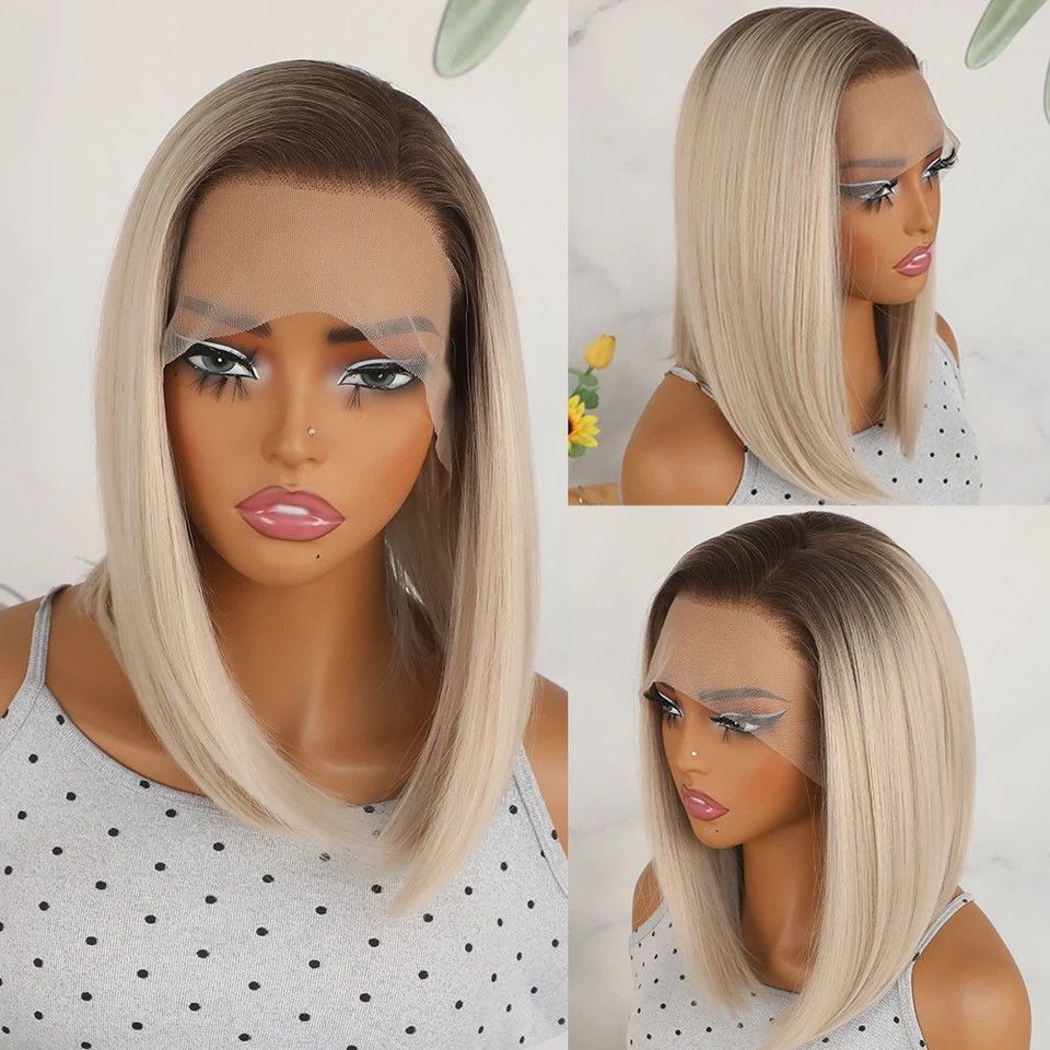 13x4 Short Bob Lace Front Wigs Glueless Brown Roots Ombre Blonde Straight Hair - Image 3 of 4