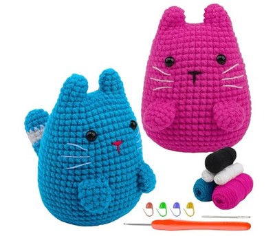 2pc Munchkin Cat Crochet Kit Beginner Amigurumi Starter w/ Tutorial Video Manual