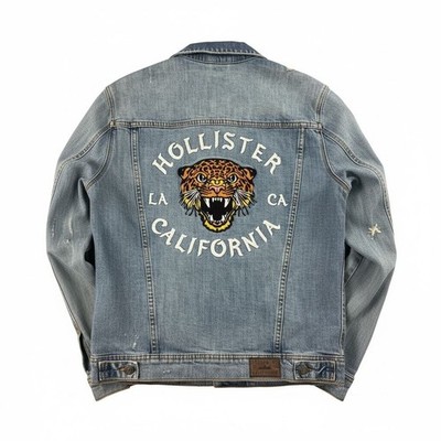 Hollister Mens M Epic Flex Distressed Denim Jacket Embroidered Tiger Graphic