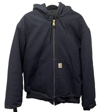 VTG Carhartt Hooded Full Zip Duck Canvas Navy Blue Coat Large L Made In USA