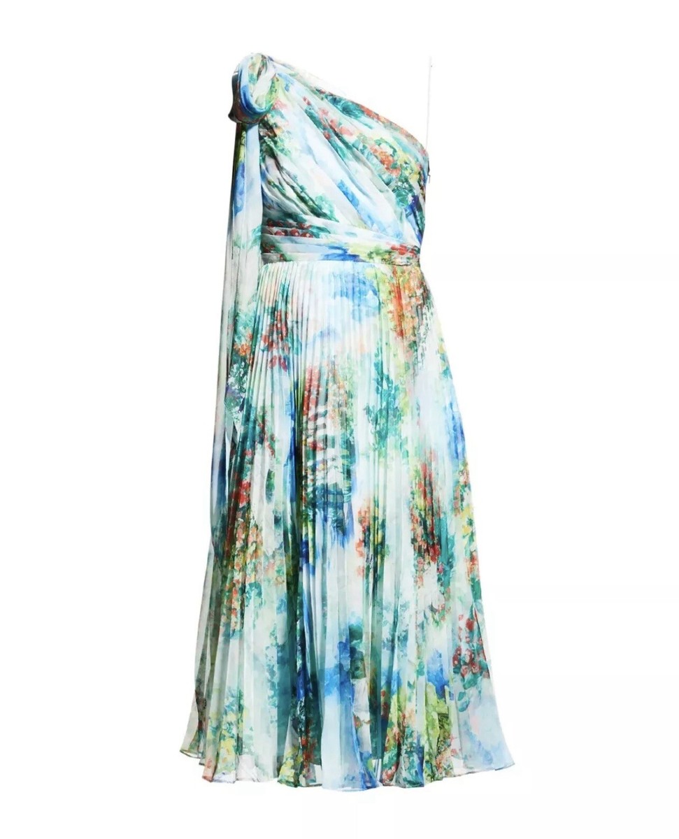 $595 MARCHESA NOTTE One-shoulder Pleated Chiffon Midi Dress 10 Multicolor  Green