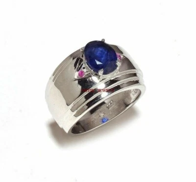 Bague Pour Homme En Argent Sterling 925 Avec Saphir Bleu Et Rubis AJ244 - Photo 1/4