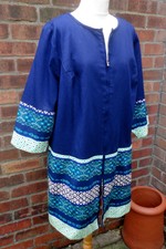 Vintage Dress Coat Tunic. Blue White Turquise Print Full Zip Pockets Lined