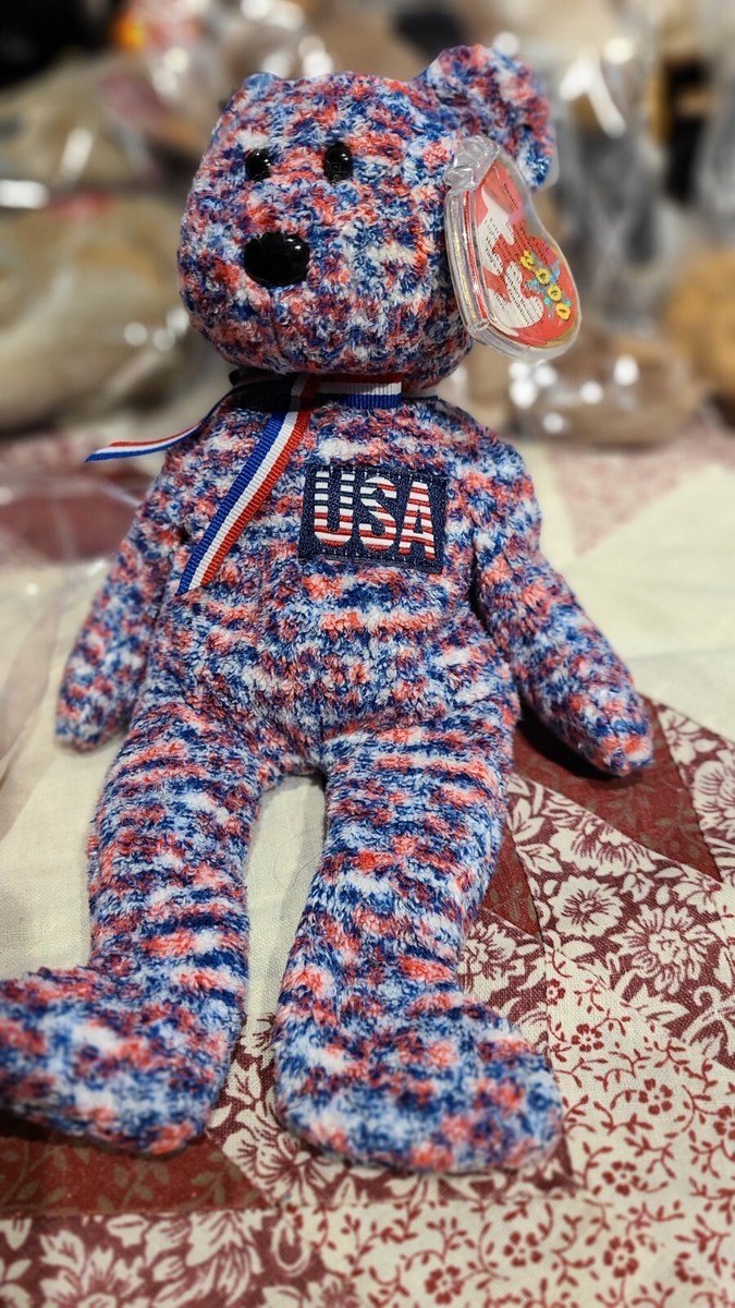 ty Beanie Babies USA Bear Red White Blue July 4, 2000 Hologram Tag