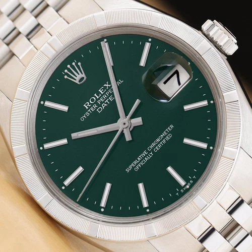 ROLEX OYSTER PERPETUAL DATE 1501 34MM STAINLESS STEEL GREEN DIAL AUTOMATIC WATCH