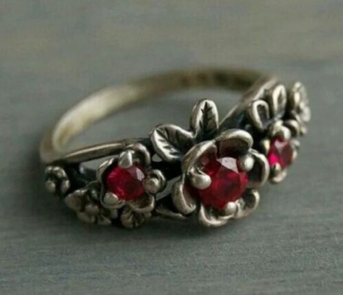 Silver Coloured Deep Red Stone Bohemia Vintage Rings Size 7 - Picture 1 of 6