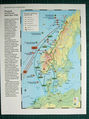 WW2 WWII MAP DENMARK & NORWAY APR-JUN 1940 PARATROOP LANDINGS GERMAN ATTACKS - Picture 1 of 1