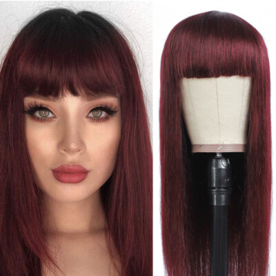 Burgundy Human Hair Wigs with Bangs Virgin Remy Straight ...