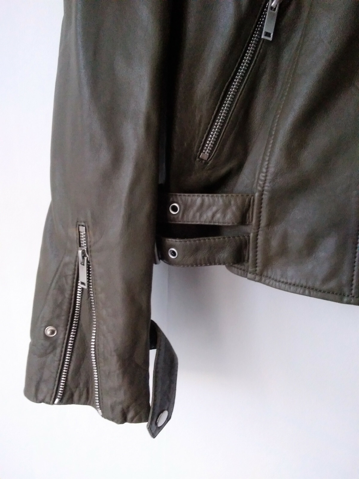EX  M&S , Per Una Short ,Fitted Leather Biker Jacket in Dark Olive/ Khaki UK 8 image 9