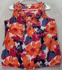 LOFT Tank Top Women's Petite Medium Multi Floral Sleeveless Ruffle V Neck Button
