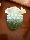 Fenton Seafoam Green Opaque to Clear Glass Cut Block Pattern Round Ruffled Vase