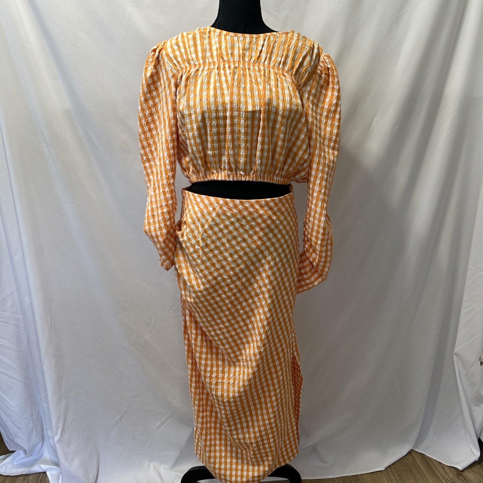 Zara Women’s Orange Gingham Long Sleeve Blouse And Skirt Set Size Large
