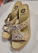 Yellow Box Gold Wedge Sandals with Rhinestone Accents Size 7
