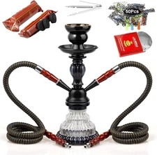 2 Hose Hookah Set, 11” Glass Shisha with Stable Vase Base Black 